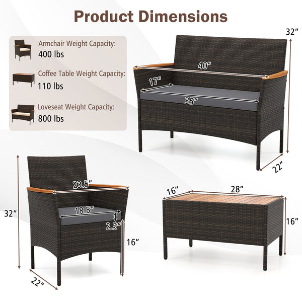 Premium hand-woven PE rattan for long-lasting beauty<br>Robust metal frame offers strong support<br>Each armchair can load 400 lbs  and loveseat can load up to 800 lbs<br>Acacia wood armrests and tabletop for more elegance<br>Soft seat and cushions make t