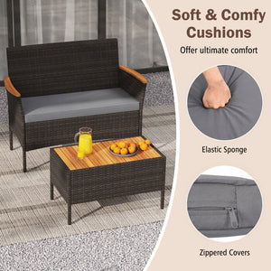 Premium hand-woven PE rattan for long-lasting beauty<br>Robust metal frame offers strong support<br>Each armchair can load 400 lbs  and loveseat can load up to 800 lbs<br>Acacia wood armrests and tabletop for more elegance<br>Soft seat and cushions make t