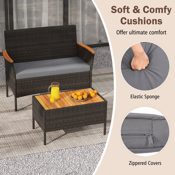 Premium hand-woven PE rattan for long-lasting beauty<br>Robust metal frame offers strong support<br>Each armchair can load 400 lbs  and loveseat can load up to 800 lbs<br>Acacia wood armrests and tabletop for more elegance<br>Soft seat and cushions make t