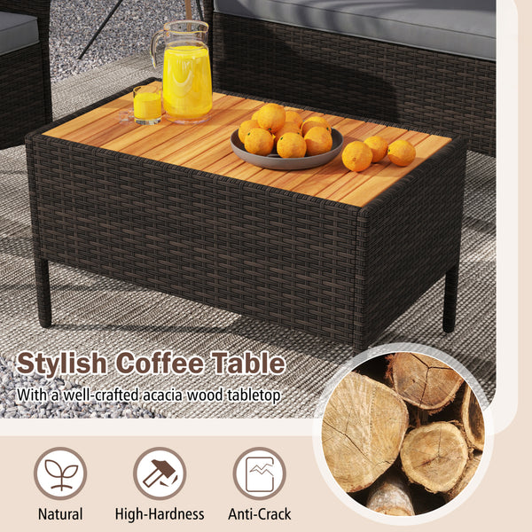 Premium hand-woven PE rattan for long-lasting beauty<br>Robust metal frame offers strong support<br>Each armchair can load 400 lbs  and loveseat can load up to 800 lbs<br>Acacia wood armrests and tabletop for more elegance<br>Soft seat and cushions make t