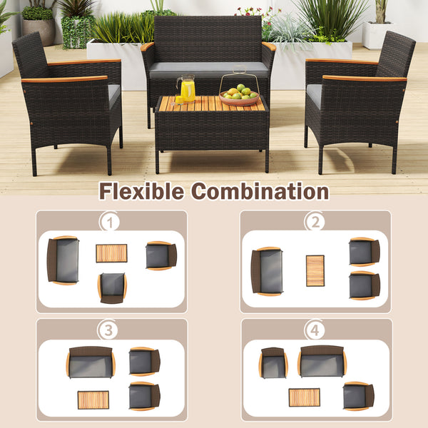 Premium hand-woven PE rattan for long-lasting beauty<br>Robust metal frame offers strong support<br>Each armchair can load 400 lbs  and loveseat can load up to 800 lbs<br>Acacia wood armrests and tabletop for more elegance<br>Soft seat and cushions make t