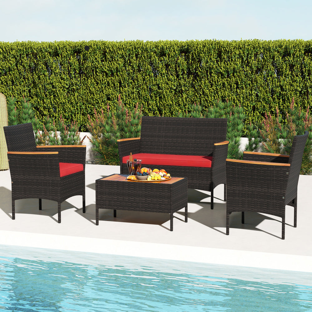 Premium hand-woven PE rattan for long-lasting beauty<br>Robust metal frame offers strong support<br>Each armchair can load 400 lbs  and loveseat can load up to 800 lbs<br>Acacia wood armrests and tabletop for more elegance<br>Soft seat and cushions make t