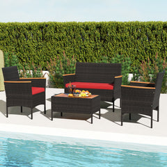 Premium hand-woven PE rattan for long-lasting beauty<br>Robust metal frame offers strong support<br>Each armchair can load 400 lbs  and loveseat can load up to 800 lbs<br>Acacia wood armrests and tabletop for more elegance<br>Soft seat and cushions make t