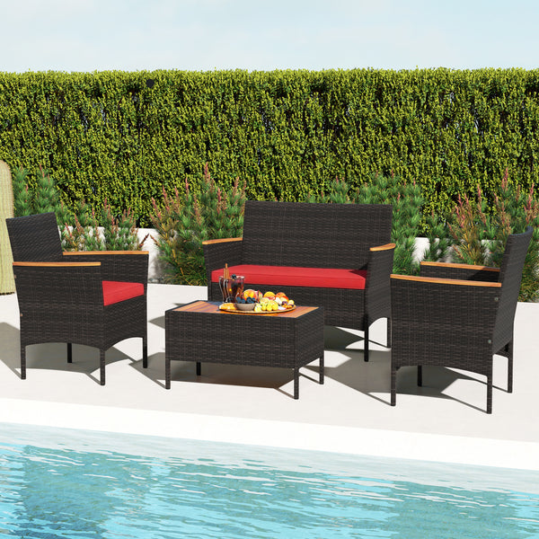 Premium hand-woven PE rattan for long-lasting beauty<br>Robust metal frame offers strong support<br>Each armchair can load 400 lbs  and loveseat can load up to 800 lbs<br>Acacia wood armrests and tabletop for more elegance<br>Soft seat and cushions make t