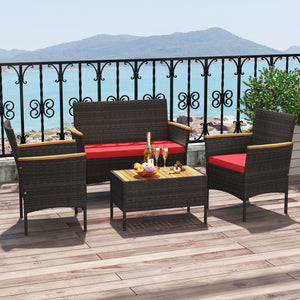 Premium hand-woven PE rattan for long-lasting beauty<br>Robust metal frame offers strong support<br>Each armchair can load 400 lbs  and loveseat can load up to 800 lbs<br>Acacia wood armrests and tabletop for more elegance<br>Soft seat and cushions make t