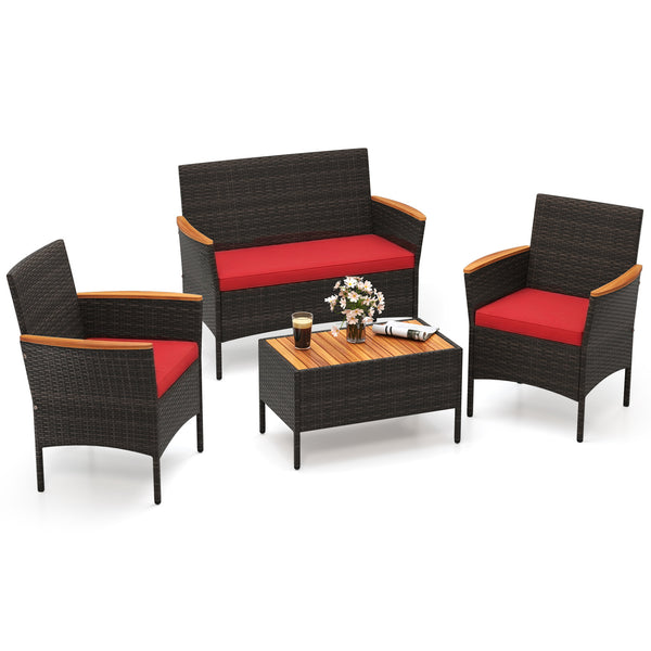 Premium hand-woven PE rattan for long-lasting beauty<br>Robust metal frame offers strong support<br>Each armchair can load 400 lbs  and loveseat can load up to 800 lbs<br>Acacia wood armrests and tabletop for more elegance<br>Soft seat and cushions make t