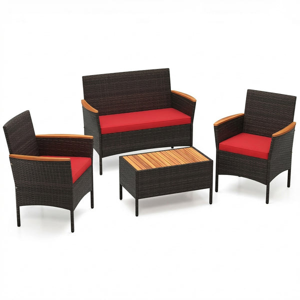 Premium hand-woven PE rattan for long-lasting beauty<br>Robust metal frame offers strong support<br>Each armchair can load 400 lbs  and loveseat can load up to 800 lbs<br>Acacia wood armrests and tabletop for more elegance<br>Soft seat and cushions make t