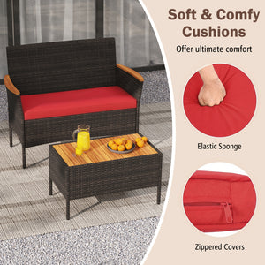 Premium hand-woven PE rattan for long-lasting beauty<br>Robust metal frame offers strong support<br>Each armchair can load 400 lbs  and loveseat can load up to 800 lbs<br>Acacia wood armrests and tabletop for more elegance<br>Soft seat and cushions make t