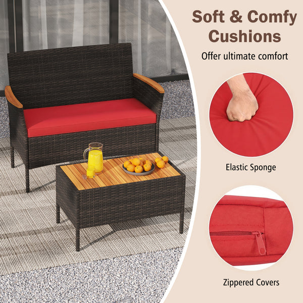 Premium hand-woven PE rattan for long-lasting beauty<br>Robust metal frame offers strong support<br>Each armchair can load 400 lbs  and loveseat can load up to 800 lbs<br>Acacia wood armrests and tabletop for more elegance<br>Soft seat and cushions make t