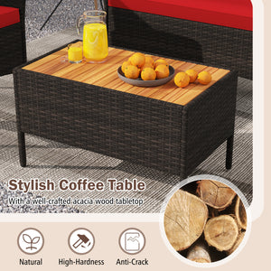 Premium hand-woven PE rattan for long-lasting beauty<br>Robust metal frame offers strong support<br>Each armchair can load 400 lbs  and loveseat can load up to 800 lbs<br>Acacia wood armrests and tabletop for more elegance<br>Soft seat and cushions make t