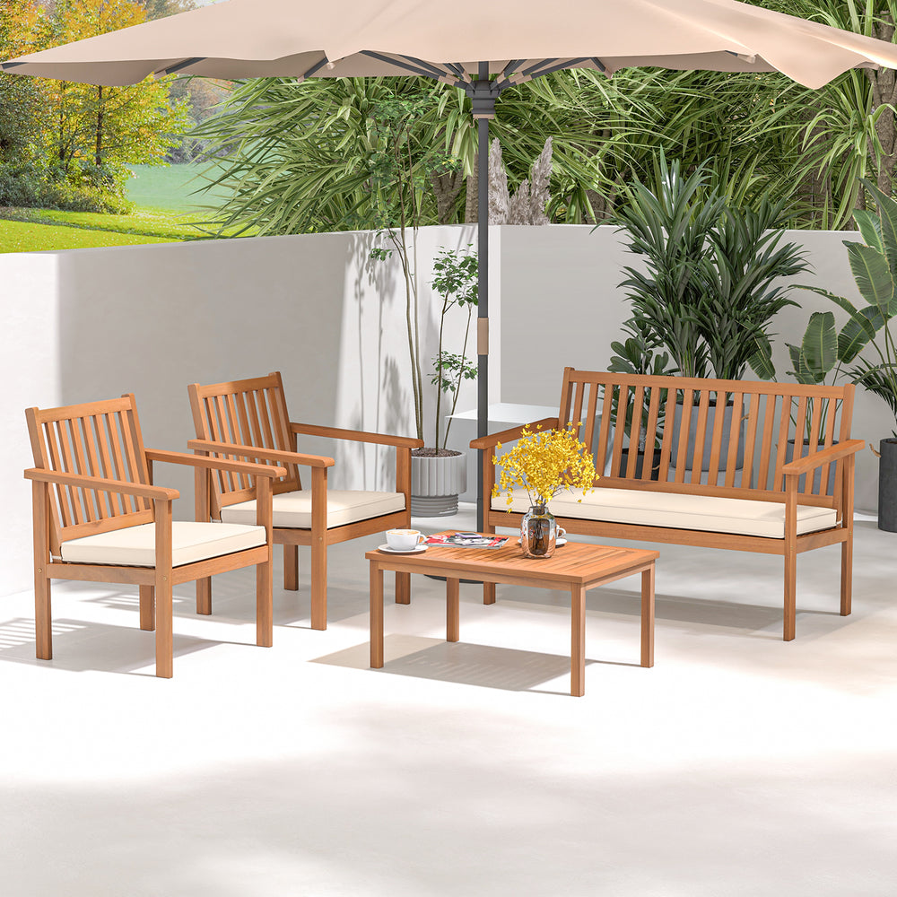 Acacia wood frame for strong support and high durability<br>Comfortable to sit with padded cushions<br>Fixing ties prevent the cushions from moving around<br>Smooth zippers for easy removal and cleaning of covers<br>Slatted design avoids water accumulatio
