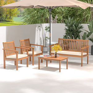 Acacia wood frame for strong support and high durability<br>Comfortable to sit with padded cushions<br>Fixing ties prevent the cushions from moving around<br>Smooth zippers for easy removal and cleaning of covers<br>Slatted design avoids water accumulatio