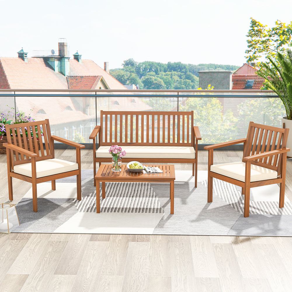 Acacia wood frame for strong support and high durability<br>Comfortable to sit with padded cushions<br>Fixing ties prevent the cushions from moving around<br>Smooth zippers for easy removal and cleaning of covers<br>Slatted design avoids water accumulatio
