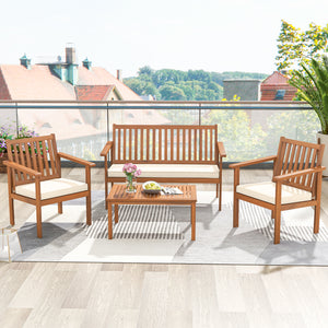 Acacia wood frame for strong support and high durability<br>Comfortable to sit with padded cushions<br>Fixing ties prevent the cushions from moving around<br>Smooth zippers for easy removal and cleaning of covers<br>Slatted design avoids water accumulatio