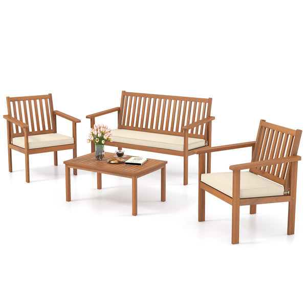 Acacia wood frame for strong support and high durability<br>Comfortable to sit with padded cushions<br>Fixing ties prevent the cushions from moving around<br>Smooth zippers for easy removal and cleaning of covers<br>Slatted design avoids water accumulatio