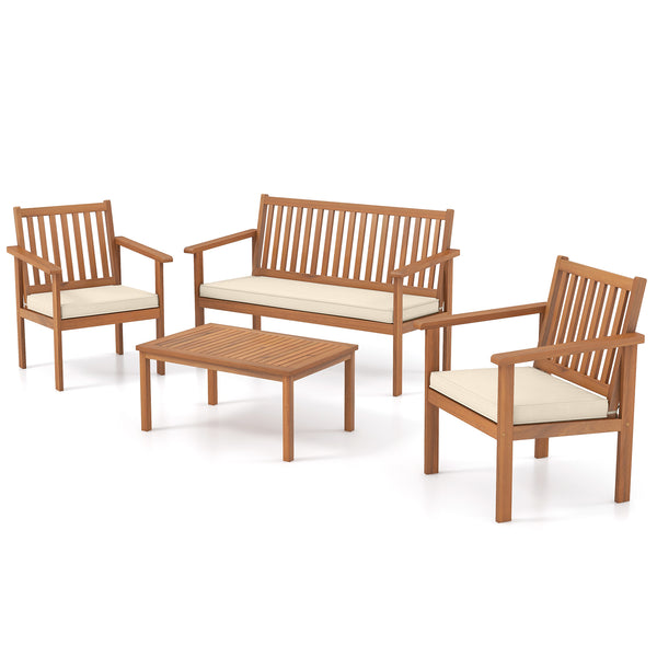 Acacia wood frame for strong support and high durability<br>Comfortable to sit with padded cushions<br>Fixing ties prevent the cushions from moving around<br>Smooth zippers for easy removal and cleaning of covers<br>Slatted design avoids water accumulatio