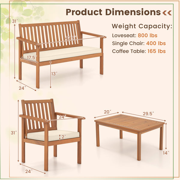 Acacia wood frame for strong support and high durability<br>Comfortable to sit with padded cushions<br>Fixing ties prevent the cushions from moving around<br>Smooth zippers for easy removal and cleaning of covers<br>Slatted design avoids water accumulatio