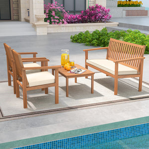 Acacia wood frame for strong support and high durability<br>Comfortable to sit with padded cushions<br>Fixing ties prevent the cushions from moving around<br>Smooth zippers for easy removal and cleaning of covers<br>Slatted design avoids water accumulatio
