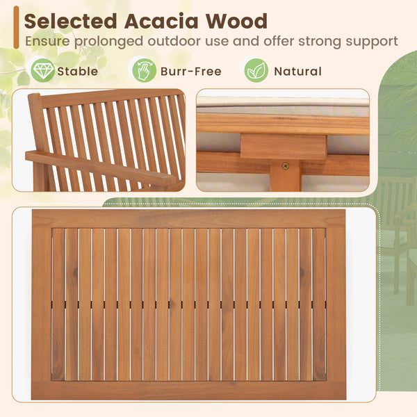 Acacia wood frame for strong support and high durability<br>Comfortable to sit with padded cushions<br>Fixing ties prevent the cushions from moving around<br>Smooth zippers for easy removal and cleaning of covers<br>Slatted design avoids water accumulatio