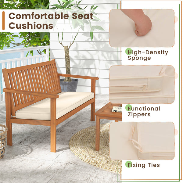 Acacia wood frame for strong support and high durability<br>Comfortable to sit with padded cushions<br>Fixing ties prevent the cushions from moving around<br>Smooth zippers for easy removal and cleaning of covers<br>Slatted design avoids water accumulatio
