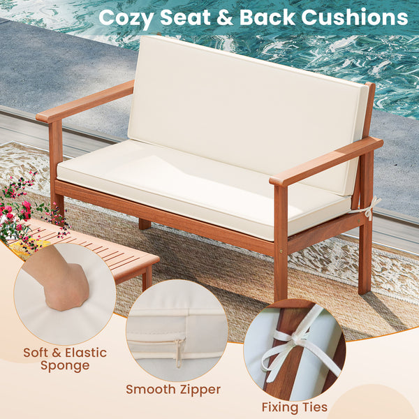 Solid acacia wood frame for lasting durability<br>Sponge-filled back and seat cushions add comfort<br>Smooth zippers for easy removal and cleaning of cushion covers<br>Convenient coffee table keeps items easily accessible<br>Enjoy sitting with a 110Â° erg