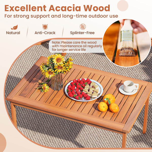 Solid acacia wood frame for lasting durability<br>Sponge-filled back and seat cushions add comfort<br>Smooth zippers for easy removal and cleaning of cushion covers<br>Convenient coffee table keeps items easily accessible<br>Enjoy sitting with a 110Â° erg