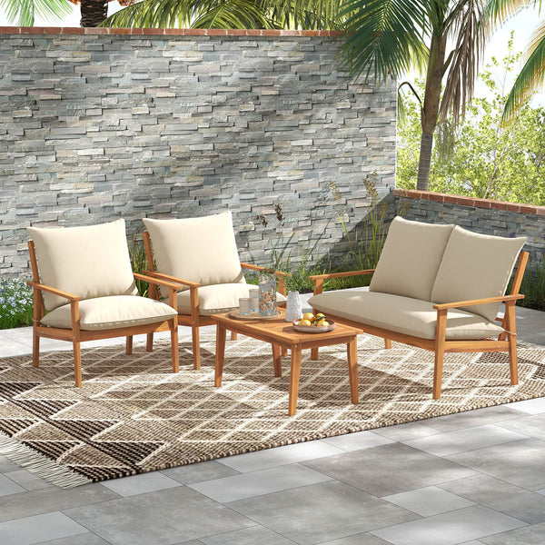 The solid acacia wood ensures stable support<br>Splinter-free surface for smooth touch<br>Add a natural beauty to your outdoor space<br>Provide you with a comfortable seating experience with 5.3 inches seat cushions<br>High-density sponge for cozy support