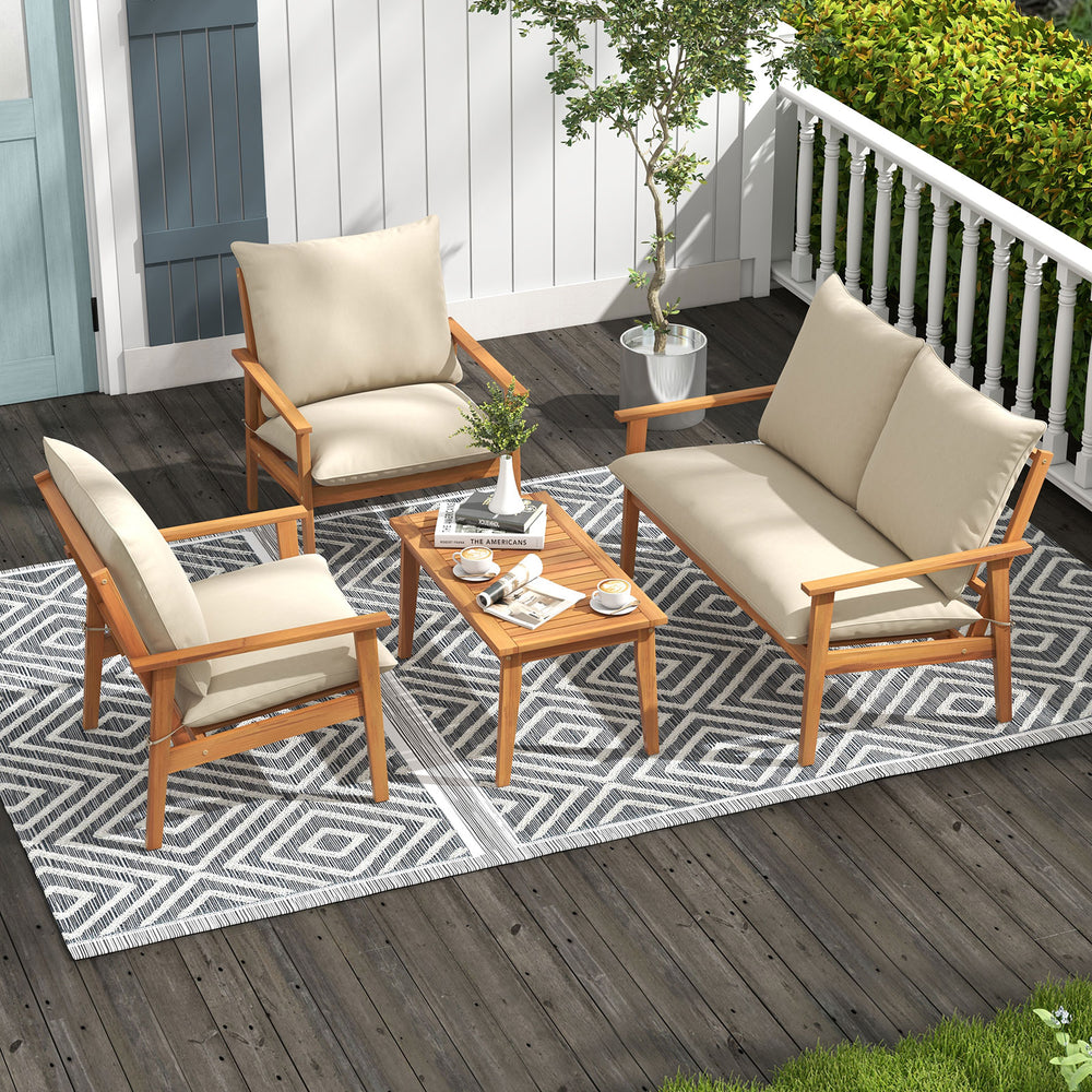 The solid acacia wood ensures stable support<br>Splinter-free surface for smooth touch<br>Add a natural beauty to your outdoor space<br>Provide you with a comfortable seating experience with 5.3 inches seat cushions<br>High-density sponge for cozy support