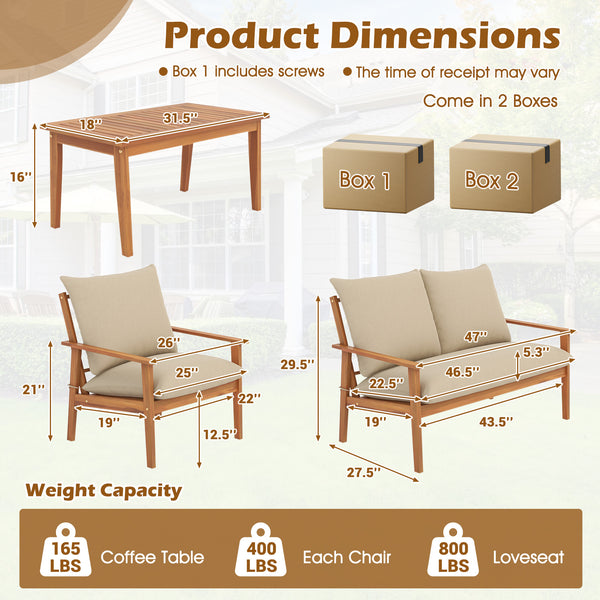 The solid acacia wood ensures stable support<br>Splinter-free surface for smooth touch<br>Add a natural beauty to your outdoor space<br>Provide you with a comfortable seating experience with 5.3 inches seat cushions<br>High-density sponge for cozy support