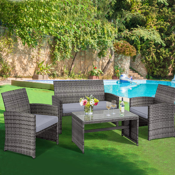 Rattan patio set includes one loveseat  two single chairs and one coffee table. <br>Made of high-quality rattan with strong built-in frame structure <br>Functional and beautiful design perfect for garden  backyard and balcony <br>Rattan coffee table with 