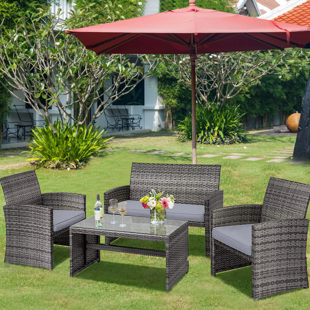 Rattan patio set includes one loveseat  two single chairs and one coffee table. <br>Made of high-quality rattan with strong built-in frame structure <br>Functional and beautiful design perfect for garden  backyard and balcony <br>Rattan coffee table with 