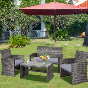 Rattan patio set includes one loveseat  two single chairs and one coffee table. <br>Made of high-quality rattan with strong built-in frame structure <br>Functional and beautiful design perfect for garden  backyard and balcony <br>Rattan coffee table with 