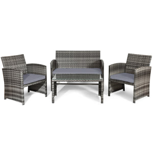 Rattan patio set includes one loveseat  two single chairs and one coffee table. <br>Made of high-quality rattan with strong built-in frame structure <br>Functional and beautiful design perfect for garden  backyard and balcony <br>Rattan coffee table with 