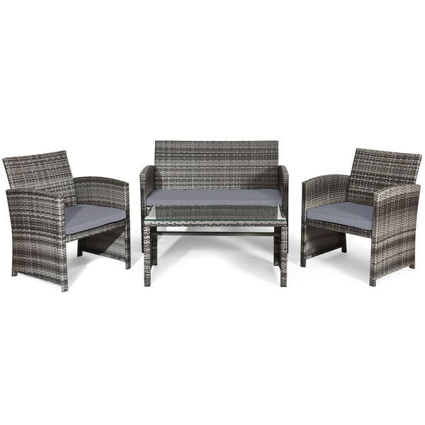 Rattan patio set includes one loveseat  two single chairs and one coffee table. <br>Made of high-quality rattan with strong built-in frame structure <br>Functional and beautiful design perfect for garden  backyard and balcony <br>Rattan coffee table with 