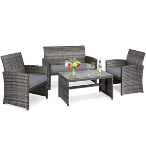 Rattan patio set includes one loveseat  two single chairs and one coffee table. <br>Made of high-quality rattan with strong built-in frame structure <br>Functional and beautiful design perfect for garden  backyard and balcony <br>Rattan coffee table with 