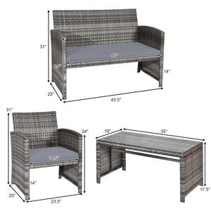Rattan patio set includes one loveseat  two single chairs and one coffee table. <br>Made of high-quality rattan with strong built-in frame structure <br>Functional and beautiful design perfect for garden  backyard and balcony <br>Rattan coffee table with 