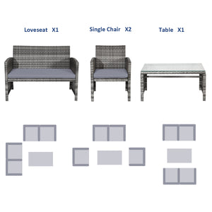 Rattan patio set includes one loveseat  two single chairs and one coffee table. <br>Made of high-quality rattan with strong built-in frame structure <br>Functional and beautiful design perfect for garden  backyard and balcony <br>Rattan coffee table with 