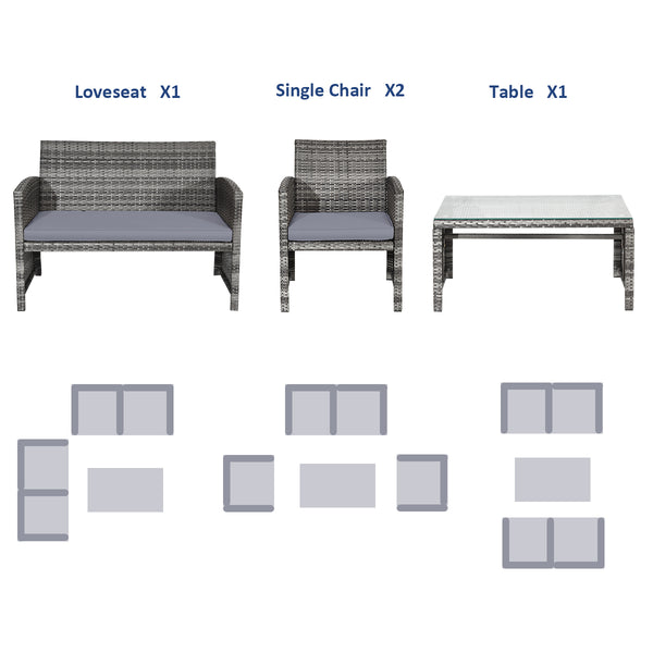 Rattan patio set includes one loveseat  two single chairs and one coffee table. <br>Made of high-quality rattan with strong built-in frame structure <br>Functional and beautiful design perfect for garden  backyard and balcony <br>Rattan coffee table with 