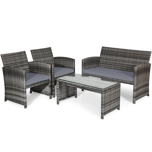 Rattan patio set includes one loveseat  two single chairs and one coffee table. <br>Made of high-quality rattan with strong built-in frame structure <br>Functional and beautiful design perfect for garden  backyard and balcony <br>Rattan coffee table with 
