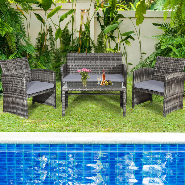 Rattan patio set includes one loveseat  two single chairs and one coffee table. <br>Made of high-quality rattan with strong built-in frame structure <br>Functional and beautiful design perfect for garden  backyard and balcony <br>Rattan coffee table with 