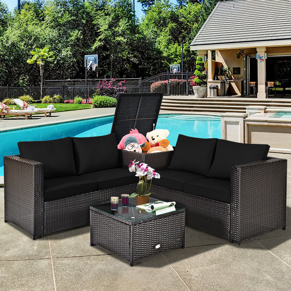 Made of rattan with good toughness and weather-resistant function<br>Reinforced steel frame with excellent stability<br>Padded seat and back cushions for soft and comfortable sitting feeling<br>Coffee table with tempered glass for strong supporting<br>End