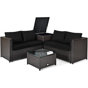 Made of rattan with good toughness and weather-resistant function<br>Reinforced steel frame with excellent stability<br>Padded seat and back cushions for soft and comfortable sitting feeling<br>Coffee table with tempered glass for strong supporting<br>End