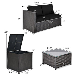 Made of rattan with good toughness and weather-resistant function<br>Reinforced steel frame with excellent stability<br>Padded seat and back cushions for soft and comfortable sitting feeling<br>Coffee table with tempered glass for strong supporting<br>End