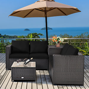 Made of rattan with good toughness and weather-resistant function<br>Reinforced steel frame with excellent stability<br>Padded seat and back cushions for soft and comfortable sitting feeling<br>Coffee table with tempered glass for strong supporting<br>End