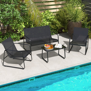 Heavy-duty metal frame for strong stability and rustproof performance <br>Quick-drying and breathable fabric for outdoor use and comfy sitting <br>The tempered glass coffee table makes the needed items within reach <br>Keep the tabletop in position thanks