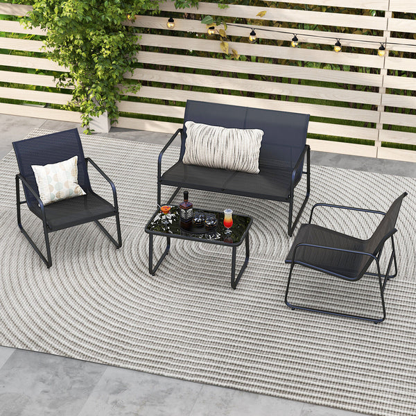 Heavy-duty metal frame for strong stability and rustproof performance <br>Quick-drying and breathable fabric for outdoor use and comfy sitting <br>The tempered glass coffee table makes the needed items within reach <br>Keep the tabletop in position thanks