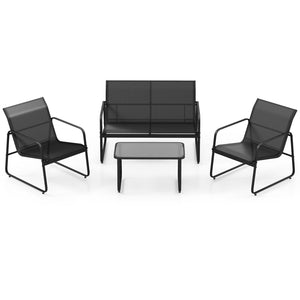 Heavy-duty metal frame for strong stability and rustproof performance <br>Quick-drying and breathable fabric for outdoor use and comfy sitting <br>The tempered glass coffee table makes the needed items within reach <br>Keep the tabletop in position thanks