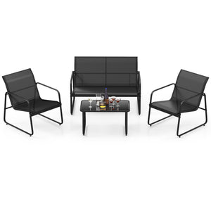Heavy-duty metal frame for strong stability and rustproof performance <br>Quick-drying and breathable fabric for outdoor use and comfy sitting <br>The tempered glass coffee table makes the needed items within reach <br>Keep the tabletop in position thanks