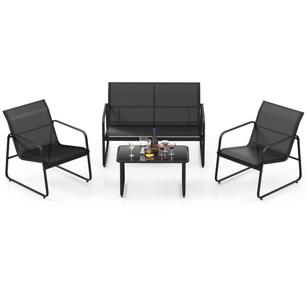 Heavy-duty metal frame for strong stability and rustproof performance <br>Quick-drying and breathable fabric for outdoor use and comfy sitting <br>The tempered glass coffee table makes the needed items within reach <br>Keep the tabletop in position thanks