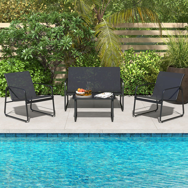 Heavy-duty metal frame for strong stability and rustproof performance <br>Quick-drying and breathable fabric for outdoor use and comfy sitting <br>The tempered glass coffee table makes the needed items within reach <br>Keep the tabletop in position thanks
